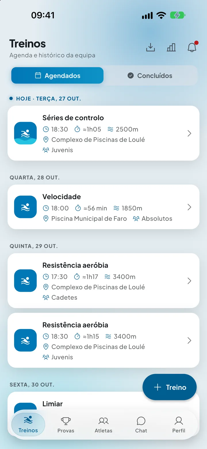 A agenda de treinos da equipa, na app ProSwimCoach